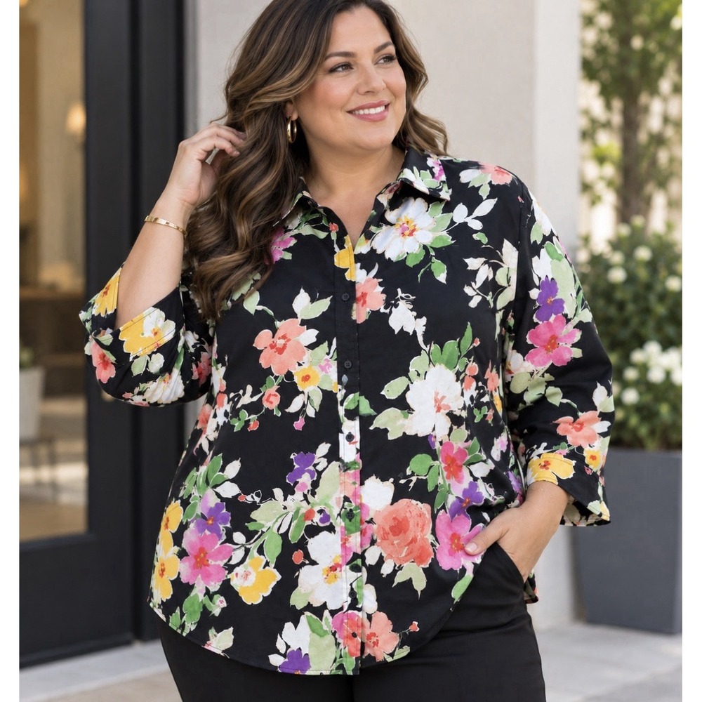 Lauren Ralph Lauren Button Down Shirt Women's Size 3XL Black Floral 100% Cotton